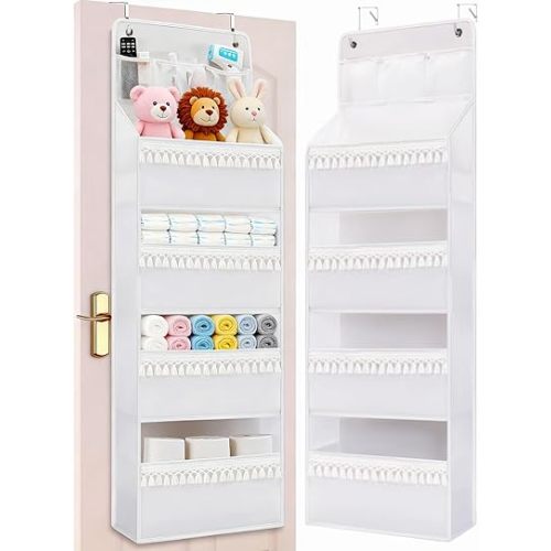 Wakaye Over the Door Organizer - Boho Nursery Hanging Organizer with Tassels -Oxford Behind Door Storage for Bedroom, Bathroom, Closet, Dorm, Pantry, Diapers, 4 Shelves, White
