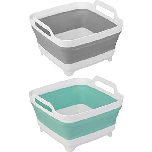 2 Pack Dishpan for Washing Dishes, 2.4Gal/9L Wash Basin with Draining Plug Carry Handles, Collapsible Bucket for Cleaning, Portable Sink, Foldable Plastic Tub