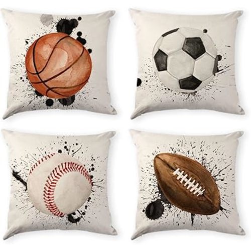 Sports Pillow Cover Kids Room Baseball Soccer Throw Pillow Cover 18x18 Set of 4, Boys Bedroom Watercolor Football Couch Cushion Basketball Pillowcases Decorative Toddler Sofa Bed Bench Home Decoration