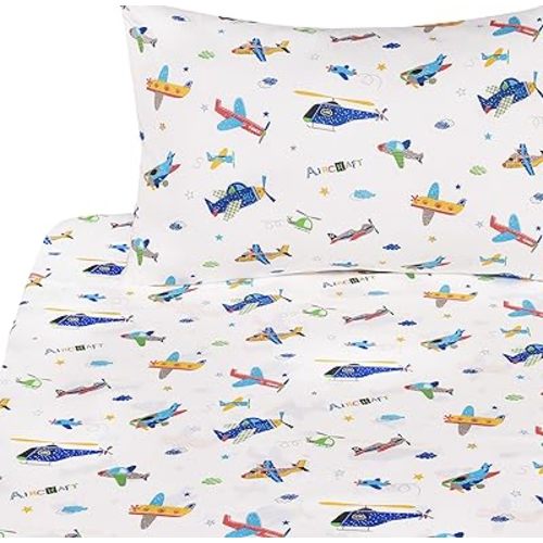 J-pinno Airplane Helicopter Cartoon Twin Sheet Set Bedroom Decoration Gift 100% Cotton Flat Sheet + Fitted Sheet + Pillowcase Bedding Set for Unisex Boys Girls (Airplane, Twin)