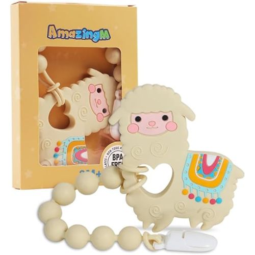 Baby Food Grade Silicone Teether Toy with One Piece Design Pacifier Clip Holder,Teething Pain Relief Toys Gift Set for 3 Months+ Boys and Girls,Freezer Safe,BPA Free. (Yellow Llama)