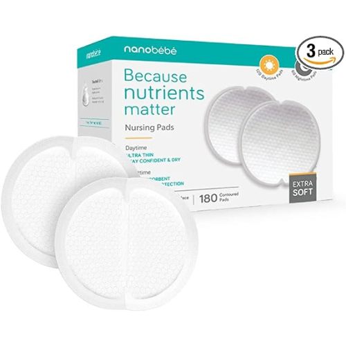 Nanobébé Disposable Nursing Pads Multipack – 120 Days and 60 Nights Ultra Thin & Extra Absorbent Vented Leak Proof Nursing Essentials, Individually Wrapped (180 Count)