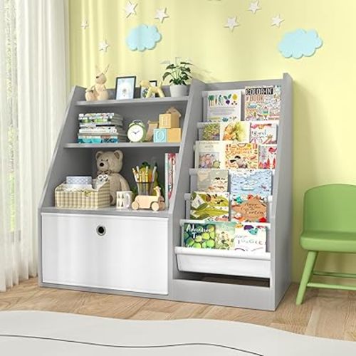 TOETOL Kids Bookshelf,Book Storage Organizer,6 Sling Toddler Wooden Book Shelf,3-Tier Kids Bookcase for Bedroom,Livingroom,Playroom,Nursery-Grey