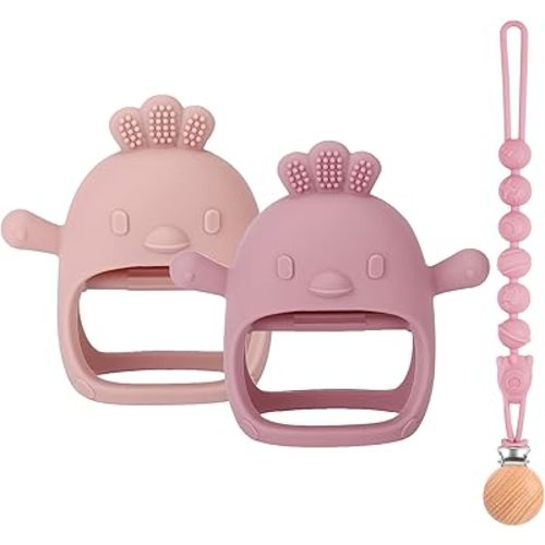 3 Packs Baby Teether Toy for 0-6 6-12 Months,Hold & Wear,BPA Free,Food Grade Silicone Teething Mitten, Anti Dropping Wrist Hand Teethers Baby Chew Toys for Sucking Needs(Pink & Dark Pink)