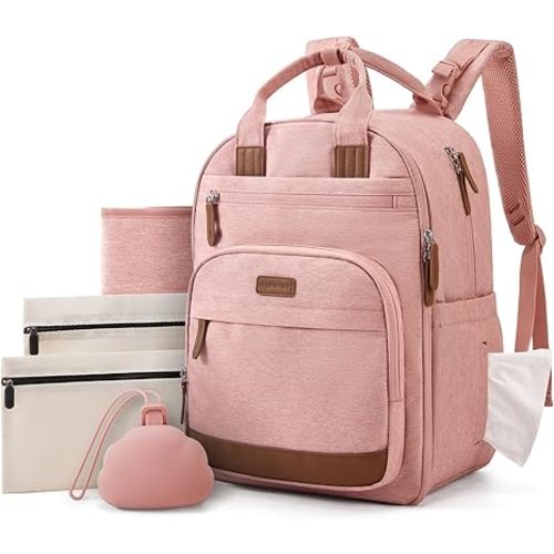mommore Diaper Bag Backpack with Waterproof Changing Pad, Insulated Bottle Holders & Pacifier Case, Baby Diaper Bag with 2 Organizer Pouches, Stroller Straps, Pink