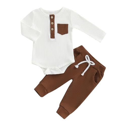 fhutpw Baby Boy Clothes 3 6 12 18 Months Ribbed Knitted Long Sleeve Romper and Pants Sets Newborn Fall Splicing Color Outfits