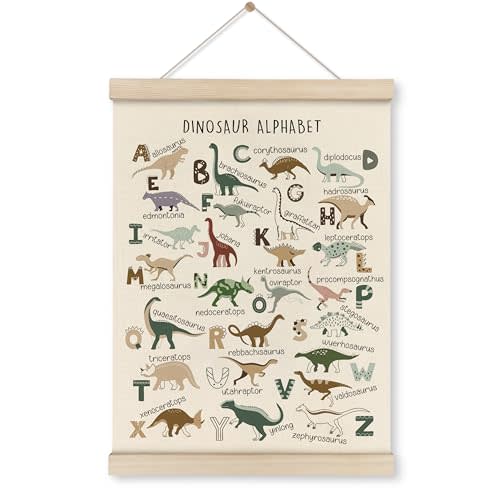 HRQKO Dinosaur Alphabet Poster Hanger Frame, Dinosaur Wall Decor, Nursery Wall Decor, ABC Poster Wall Art with Wooden Frames, Alphabet Banner Wall Hanging Decor for Boys Kids Room Playroom,12x16 Inch