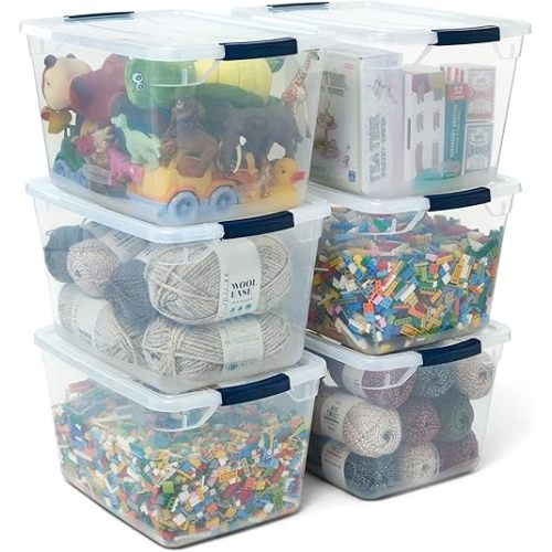 Rubbermaid Cleverstore Clear 32 Qt, 6 Pack Stackable Plastic Storage Containers with Durable Latching Clear Lids, Visible Storage, Great for Closet and Laundry Storage, Organizing in the Home