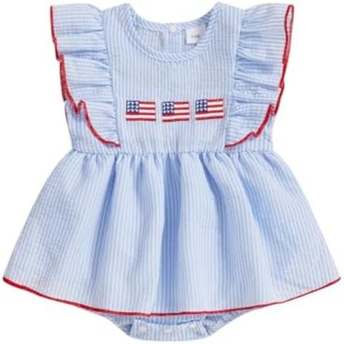 Baby Girl 4th of July Outfits Newborn Smocked Bubble Romper Bodysuit Ruffle American Flag Memorial Day Outfit