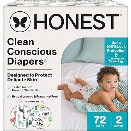 The Honest Company Clean Conscious Diapers for Delicate Skin | Up to 100% Leakproof | Hypoallergenic, Fragrance Free | Gender Neutral | Club Box, Size 2 (12-18 lbs), 72 Count (Prints May Vary)