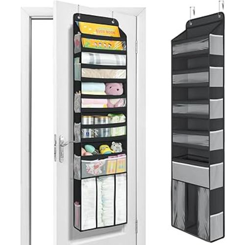 Yecaye 6 Tier Over the Door Organizer with Detachable Bin, Stuffed Animal Storage with Clear PVC Windows, Door Organizer Hanging for Bedroom Nursery Closet Dorm Room Laundry Pantry Bathroom, Black