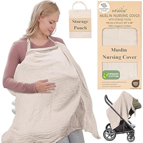 Organic Cotton Nursing Cover - 43 x 28 Inch Breathable Muslin Breastfeeding Cover, Multi-Purpose for Women (Ivory)