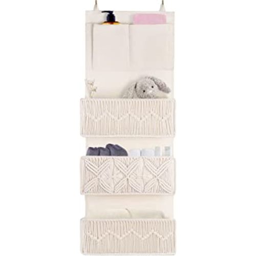 FEILANDUO Over The Door Organizer Boho Macrame Closet Organizers and Storage with 3 Large Woven Pockets Behind Door Organizer for Nursery, Pantry, Bathroom, Bedroom, Dorm (Ivory)