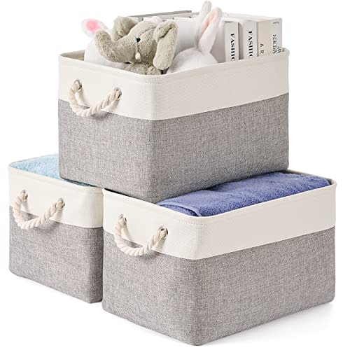 Storage Bins 3 Pack, Fabric Storage Basket for Collapsible Medium Canvas Storage Baskets for Organizing Shelf Nursery Home Closet with Cotton Rope Handle 15(L) x 11(W) x 9.5(H) inch(White&Grey-3PCS)