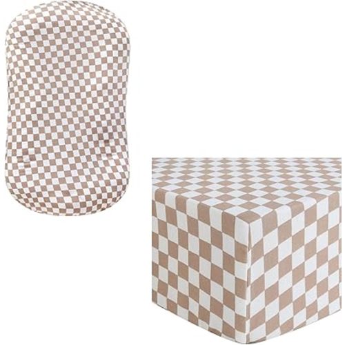 LifeTree Fitted Crib Sheets for Boys Girls & Neutral, Baby Lounger Cover Soft 70% Viscose from Bamboo and 30% Cotton, Checkered Pattern