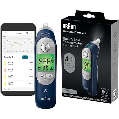 Braun ThermoScan 7+ Connect Digital Ear Thermometer - Family Care App Compatible, Age Precision Technology, Color-Coded Display, No. 1 Brand Recommended by Pediatricians, FSA and HSA Eligible