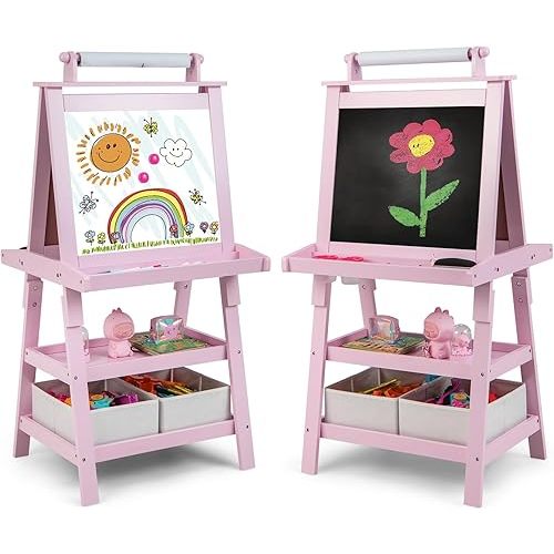 Costzon Kids Art Easel, 3 in 1 Double-Sided Painting Easel w/Magnetic Whiteboard, Chalkboard & Paper Roll, 2-Tier Storage Rack & 2 Boxes, Standing Easel for Kids, Toddlers, Gift for Boys, Girls
