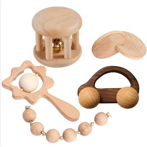 Wooden Baby Toys for Babies 0-6 Mounths, Rattles Grasping Toys Set, Montessori Wood Push Car and Handbells,Interlocking Dics Toys, Wooden Toy for Newborn Infant Baby Gifts, 5 PCS