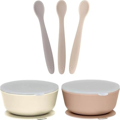 WeeSprout 3 Silicone Baby Spoons & 2 Bowls with Lids Bundle - Soft-Tip, Bendable Feeding Utensils - Durable, Travel-Friendly, Dishwasher Safe - Brown & Beige