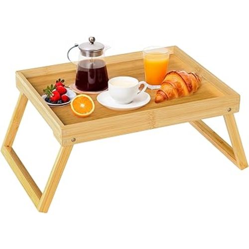 Bamboo Bed Tray Table with Folding Leg, Breakfast in Bed Tray for Eating,TV Table, Laptop Computer,Snack,Sofa or Working, Laptop Desk (1, Beige)