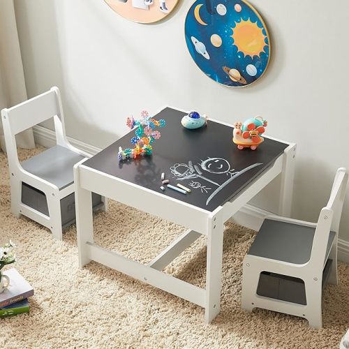 Kids Table and Chair Set, 3 in 1 Wooden Activity Table with Storage Drawer for Toddlers Drawing, Reading, Crafts, 2 in 1 Detachable Tabletop Table Set for Nursery, Playroom (Gray)