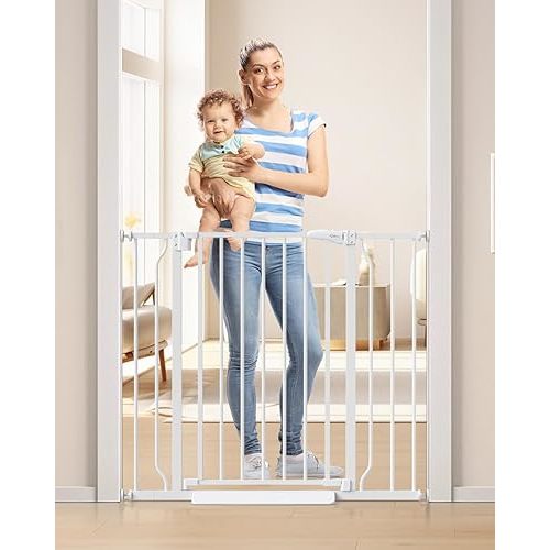 34" Extra Tall Baby Gate for Stairs, Auto Close Stroller Friendly Dog Gate Indoor for Doorways, Pressure Mounted 29"-40" Wide Baby Gate, Easy Walk Through Gate for Children & Pets, White