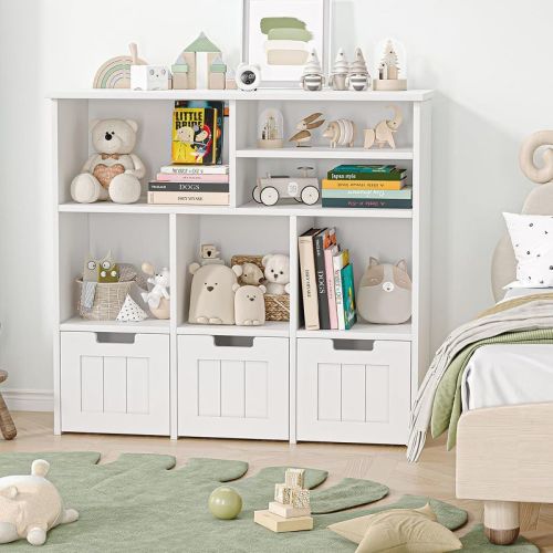 Acekool Kids Bookcase Toy Storage Cabinet, Organizer with 3 Movable Drawers & Hidden Wheels, 6 Compartments for Bedroom, Playroom, Nursery, White
