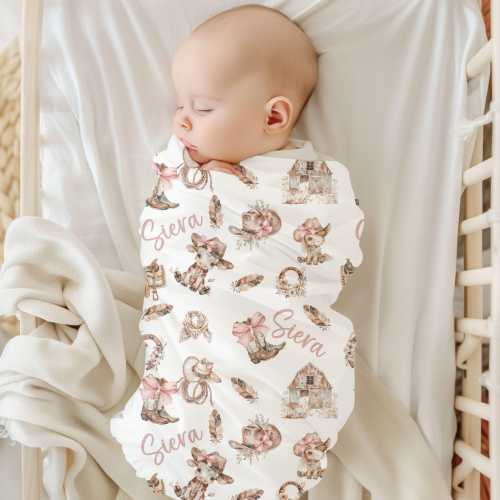 Cowgirl Name Swaddle, Custom Floral Girl Name Blanket, Personalized Baby Cowboy Hat & Boots Swaddle, Western Name Blanket, Pink Bow Coquette