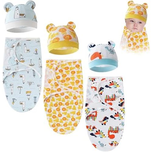 3 Sets Baby Swaddle Sleep Sack with Hat Set, Soft Baby Swaddling Blankets Cute Baby Swaddling Blankets for 0-3 Months