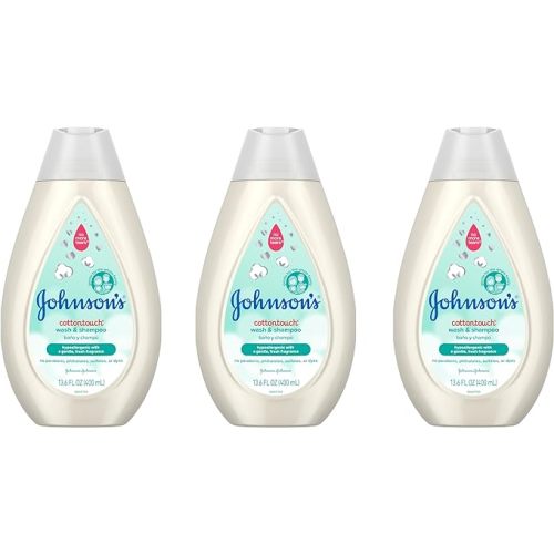Johnson's CottonTouch Newborn Baby Wash & Shampoo with No More Tears, Sulfate-, Paraben- Free for Sensitive Skin, Made with Real Cotton, Gently Washes Away Dirt & Germs, 13.6 fl. oz, Pack of 3