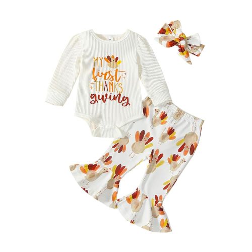 My First Halloween Baby Girl Outfit Pumpkin Romper+Bell Bottoms+Headband Newborn 1st Halloween Clothes Costume
