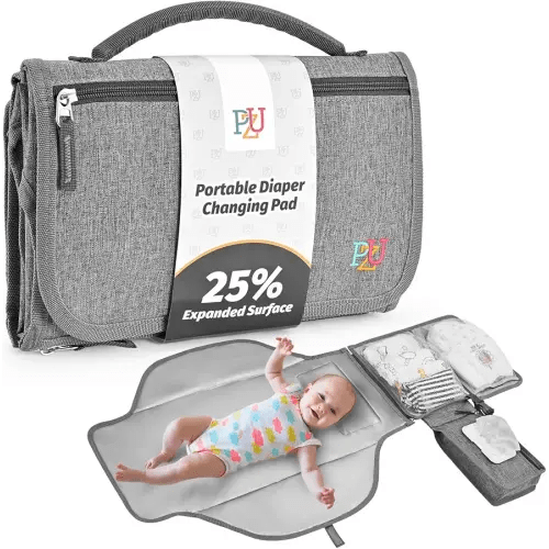 PZU Portable Diaper Changing Pad - Changing Pad Portable with Wipes Pocket, Waterproof Diaper Changing Mat, Portable Changing Pad for Baby, Newborn Gift（Grey）