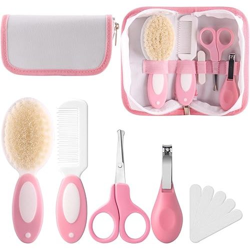 Baby Grooming Kit with Storage Pouch Baby Brush Soft Bristles 5 pcs-Infant Brush, Rounded Comb, Safety Scissors, Nail Clippers & Emery Board -Health Care Kit for Newborns & Toddlers Pink