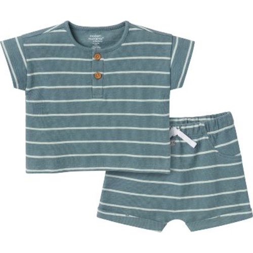 Modern Moments™ by Gerber Baby Boys' 2-Piece Henley Shirt and Shorts Set, Medium Teal Stripe, 0-3 Months