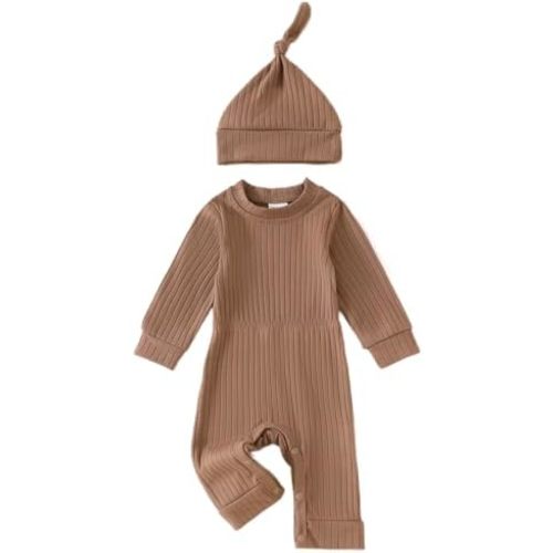 Winioder Newborn Baby Boy Coming Home Outfit Ribbed Long Sleeve Romper Jumpsuit with Hat Newborn Boy Photoshoot Outfits