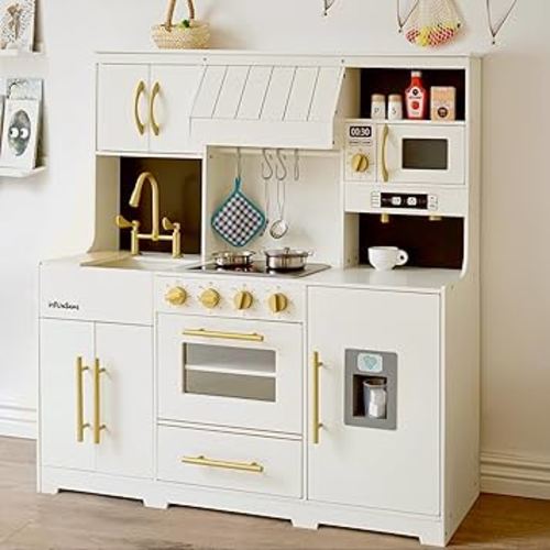 Play Kitchen for Kids with Various Interactive Pretend Wooden Kids Kitchen playset Play Features and 14 Pcs Toddler Kitchen Accessories, Toy Kitchen Set for Boys and Girls Ages 3+