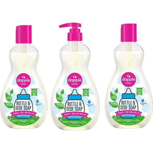 Dapple Baby Bottle Soap, Hypoallergenic Dish Soap for Baby Bottles, Powered by Plants, 1 Pump Included, Packaging May Vary, Fragrance Free, 16.9 Fl Oz (Pack of 3)