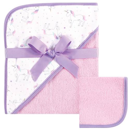 Hudson Baby Infant Girl Cotton Hooded Towel and Washcloth 2pc Set, Magical Unicorn, One Size - Magical Unicorn - One Size