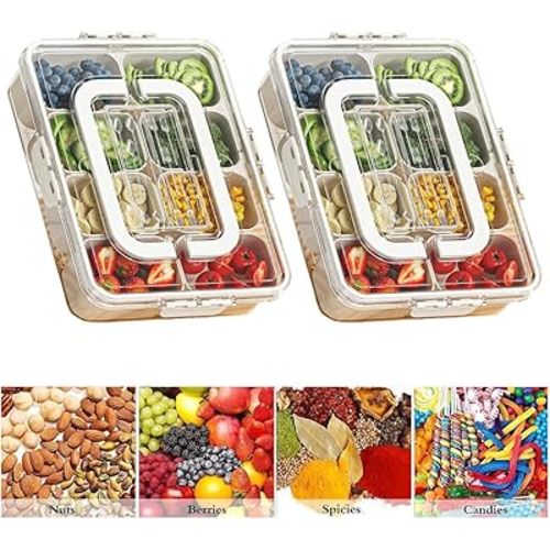 2 Pack Divided Serving Tray with Lid and Handle Snackbox - Snackle Box Container - Snackable Box Candy Organizer - Snack Organizer Veggie Tray and Fruit Tray(2 Pc-8 Compartments)