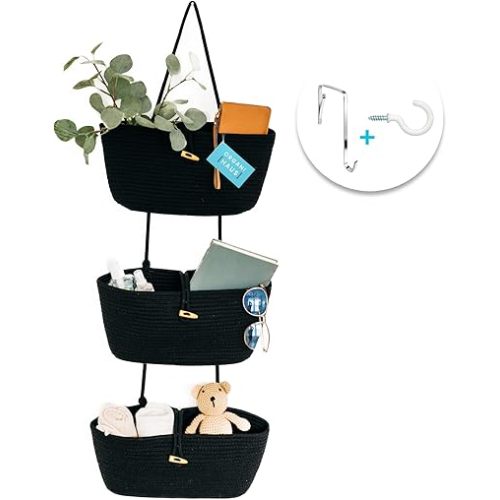 OrganiHaus Black Hanging Wall Baskets for Nursery Decor, Hanging Baskets for Bathroom, Behind Door Storage, Over The Door Basket Organizer, Closet Wall Organizer, Wall Mounted Storage Basket