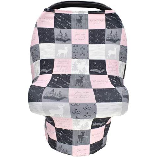 Lemida Car Seat Nursing Cover Shopping Cart Cover High Chair Cover 4 in 1 Carseat Canopy Nursing Breastfeeding Cover for Baby Boys and Baby Girls (Grey&Pink)