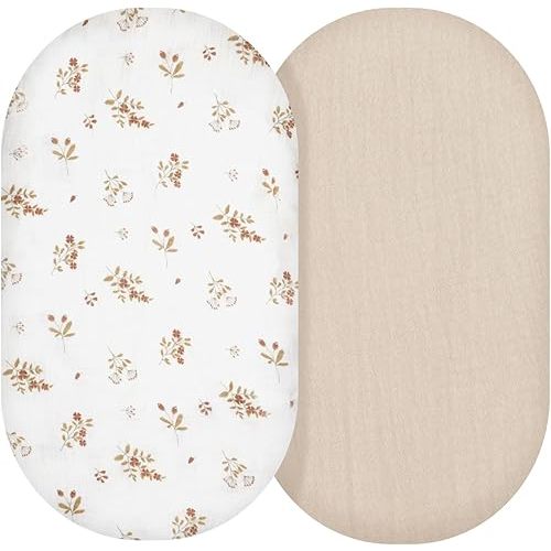 Muslin Bassinet Sheets, Baby Boy and Baby Girl Sheets, Soft Breathable Stretchy Baby Pad/Sheet Set, Universal for Any Mattress, Rectangle, Oval, Hourglass,33''x17''2 Pack (Floral, Beige