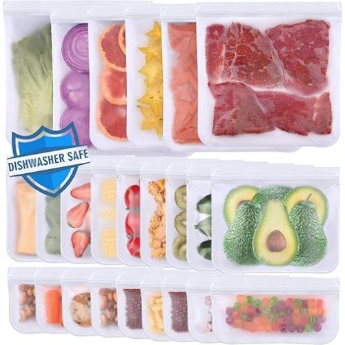 Lerine 24 Pack Dishwasher Safe Reusable Bags, Leakproof Reusable Freezer Bags, BPA Free Food Storage Bags for Lunch Meat Veggies (6 Gallon 9 Sandwich 9 Snack Bags) - White