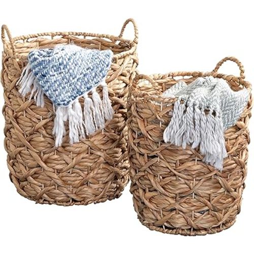 Honey-Can-Do Set of 2 Round Decorative Wicker Baskets with Handles for Storage, Natural STO-09848 Natural