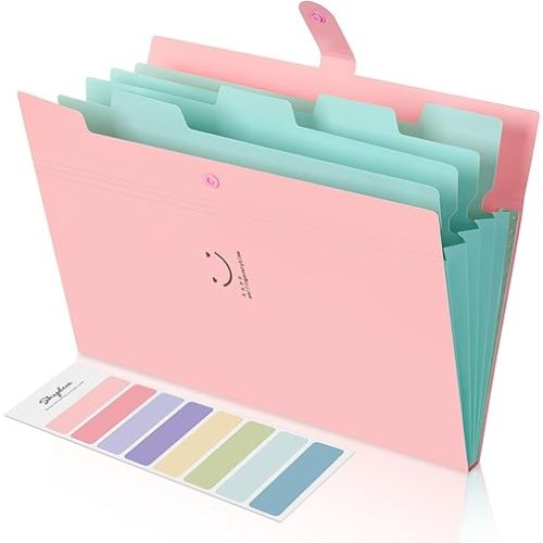 SKYDUE Expanding File Folder 5 Pockets, Skydue Letter A4 Paper Accordion Document Organizer (Pink)
