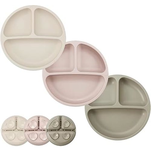 PandaEar 3 Pack Toddler Plates, Divided Suction Silicone Baby and Toddler Plates,Non-Slip - Dishwasher and Microwave Safe (Brown Tea Flax)