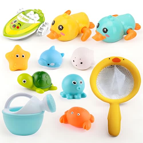 Bath Toys for Babies 6-12 Months+, Swimming Ducks Amphibious Dinghy Bath Toys for Kids Ages 1-3, No Hole Animal Floating Pool Toys for Toddlers 1-3, Fishing Net Watering Can Baby Bathtub Water Toys
