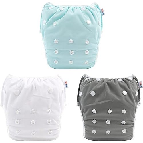 ALVABABY Baby Swim Diapers 3pcs Large Size Reuseable Washable & Adjustable for Swimming Lesson & Blue Gray White 3ZSWY18