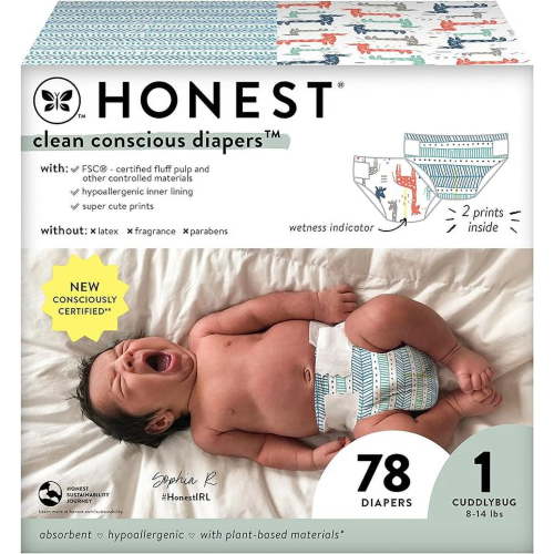 The Honest Company Clean Conscious Diapers | Plant-Based, Sustainable | Dots & Dashes + Multi-Colored Giraffes | Club Box, Size 1 (8-14 lbs), 78 Count