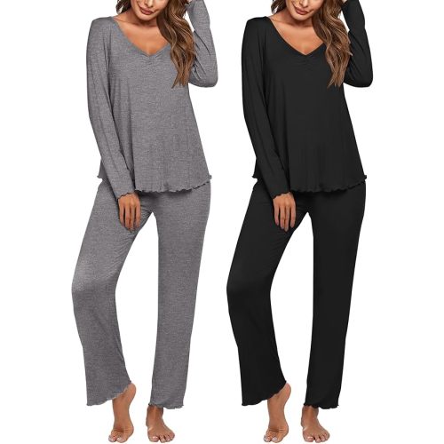 Ekouaer Womens 2 Pack Pajama Set Long Sleeve Pajamas Top and Pants V Neck Pjs Set Soft Sleepwear Loungewear